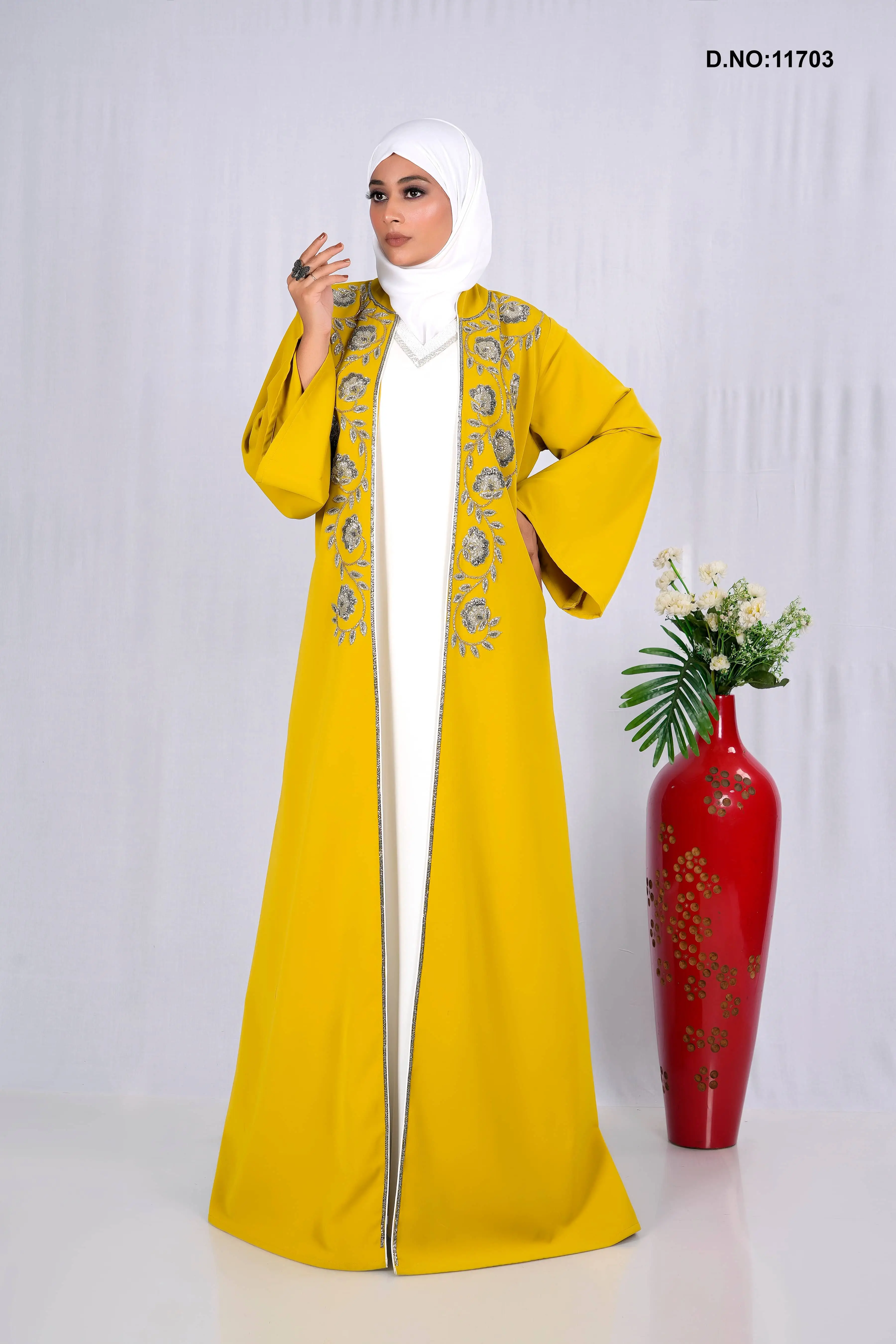 Mustard Yellow Embroidered Open Shrug